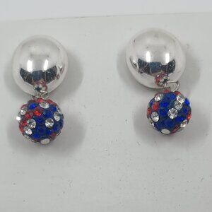 USA Flag Color Crystal and Silver Clip Earrings